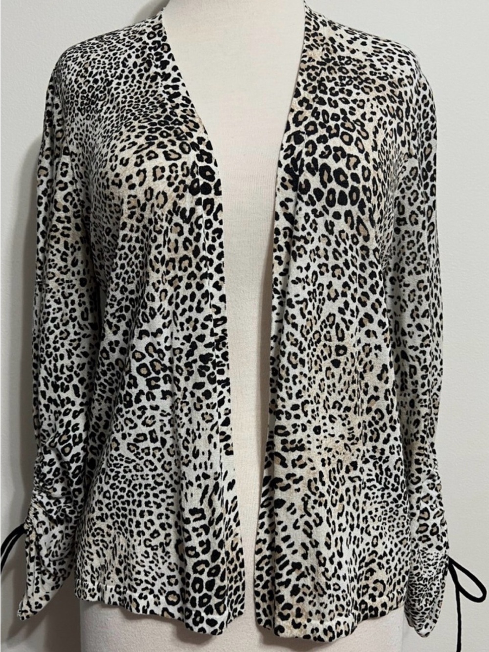 CHICO’S Open Cardigan Sweater Ivory Tan Brown Animal Print Size 3